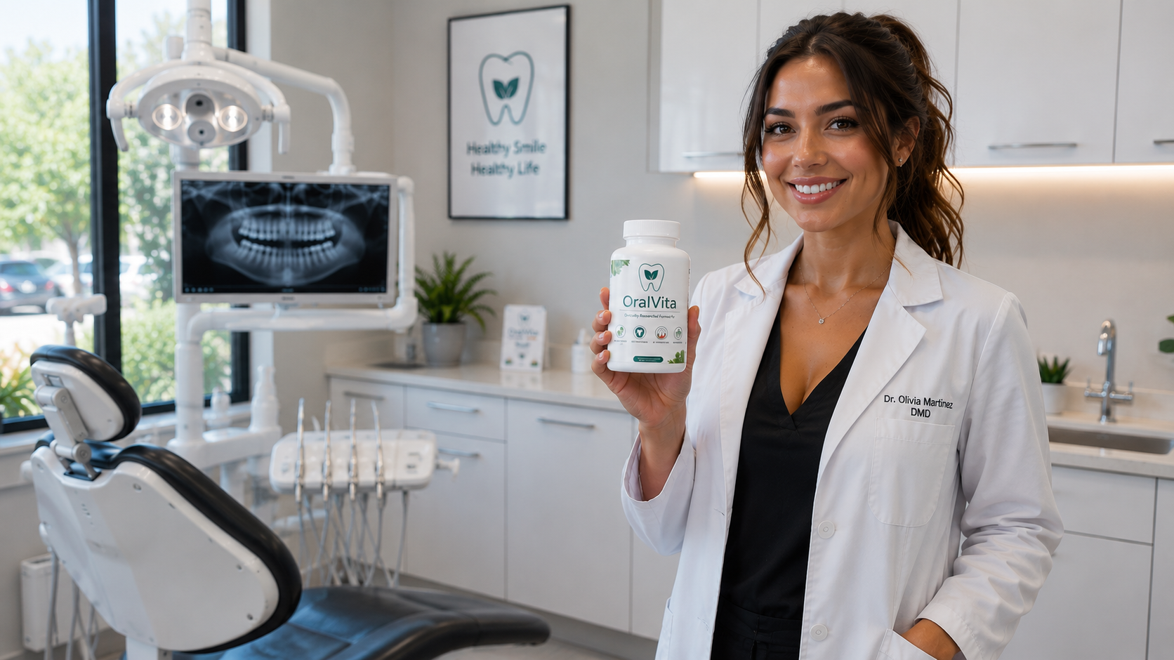 Dental professional holding OralVita in a dental office