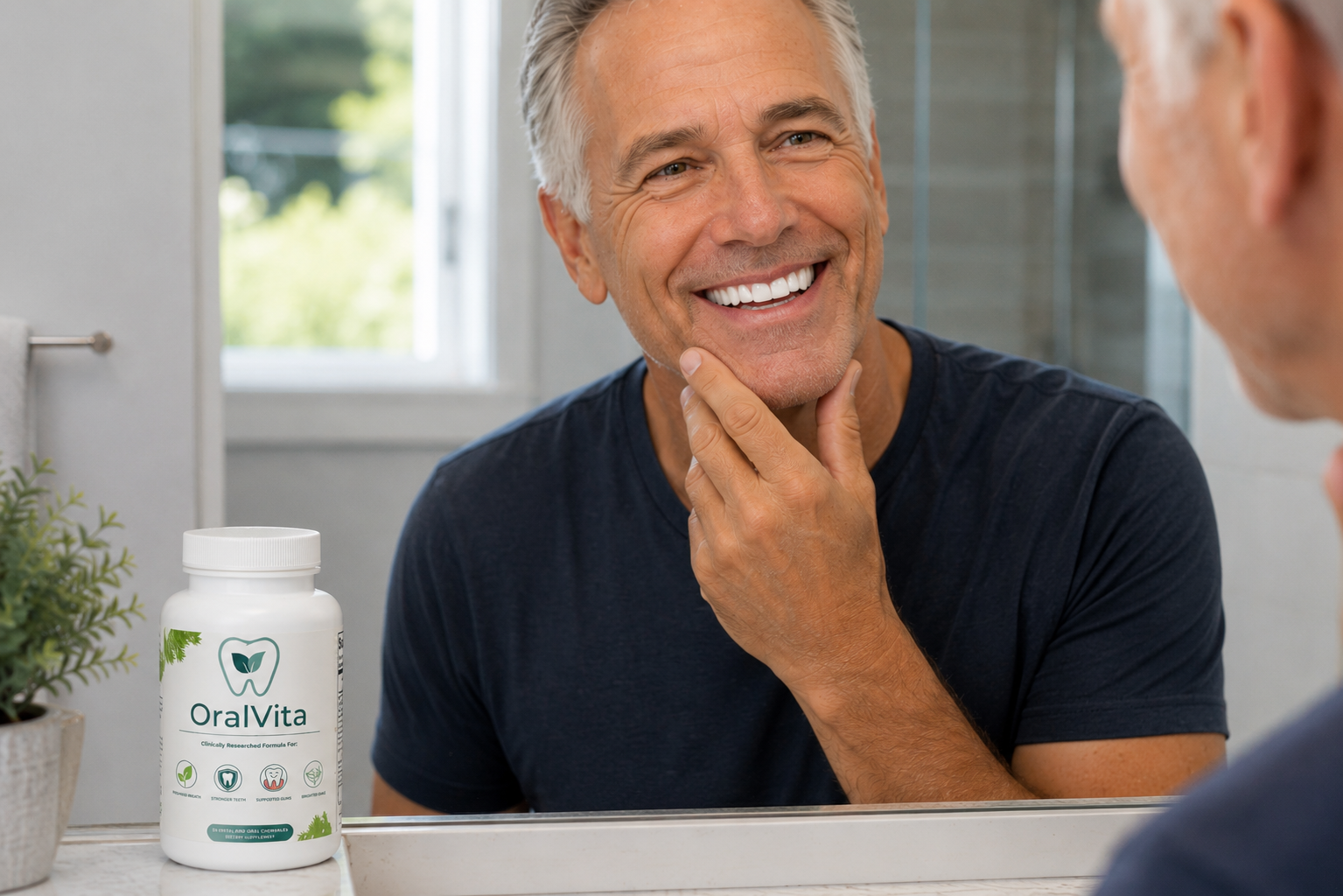 Smiling adult with OralVita bottle by the mirror
