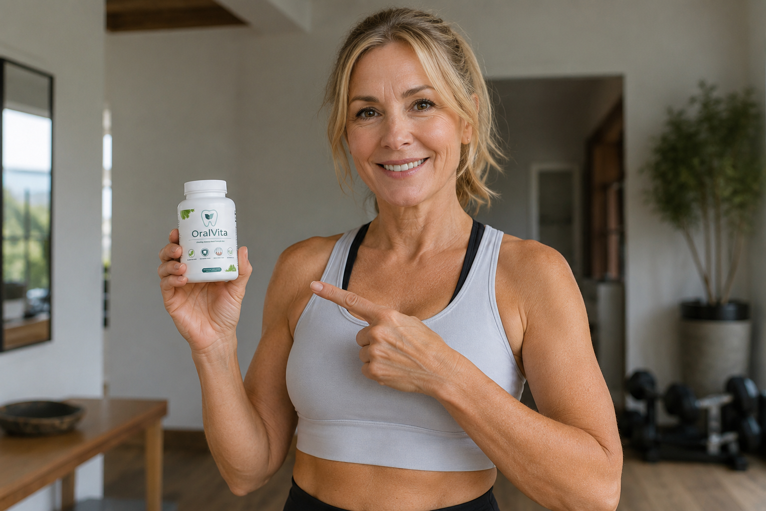 Active adult woman holding OralVita bottle
