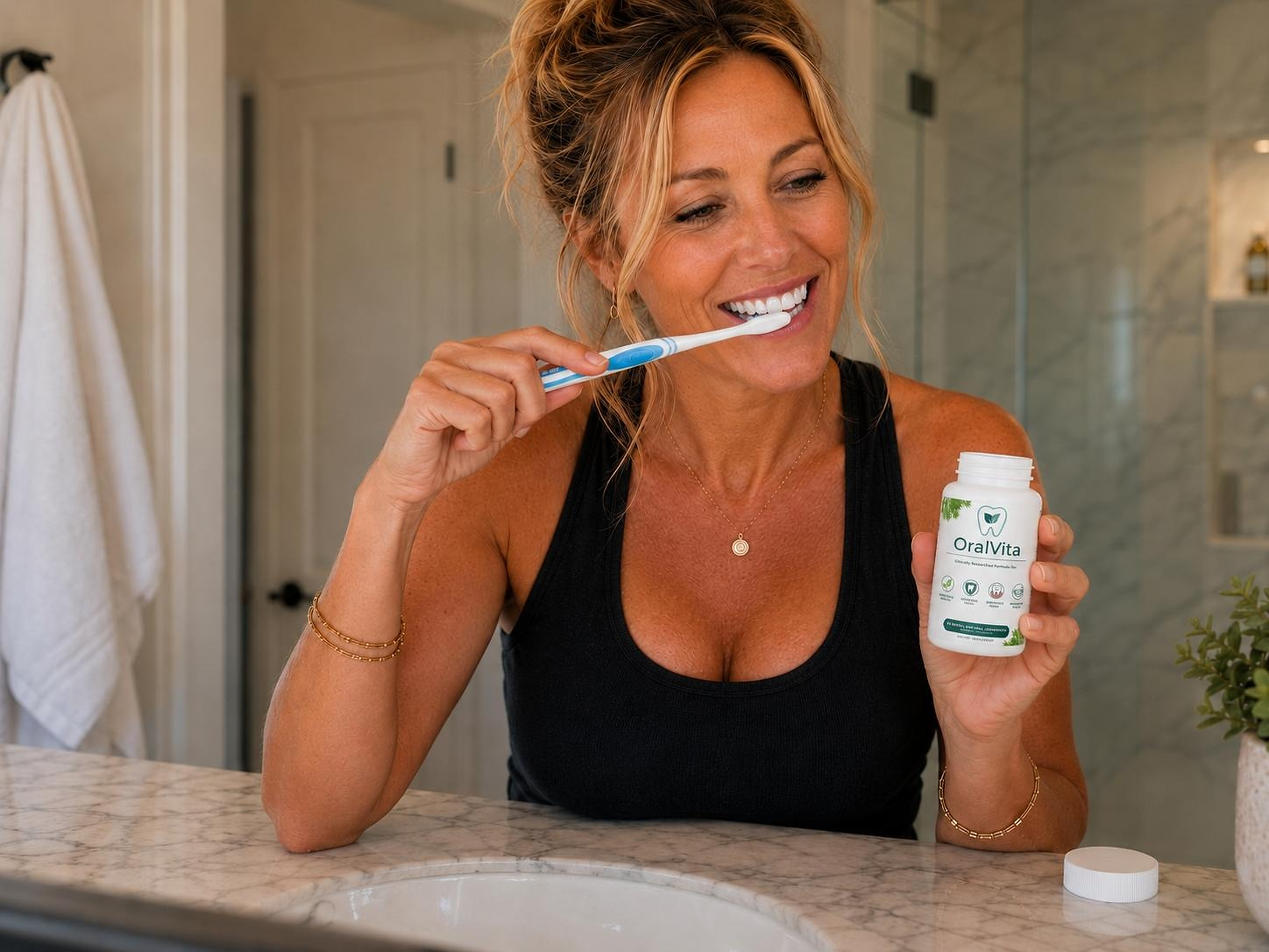 Adult brushing teeth while holding OralVita bottle
